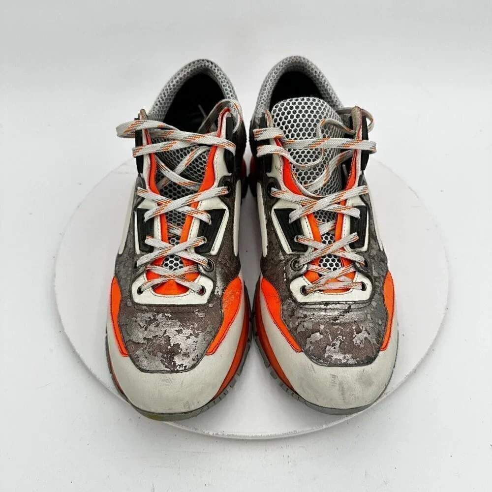 Lanvin Men Size 8 Silver Metallic White Orange Mesh Low Trainer Running Shoes